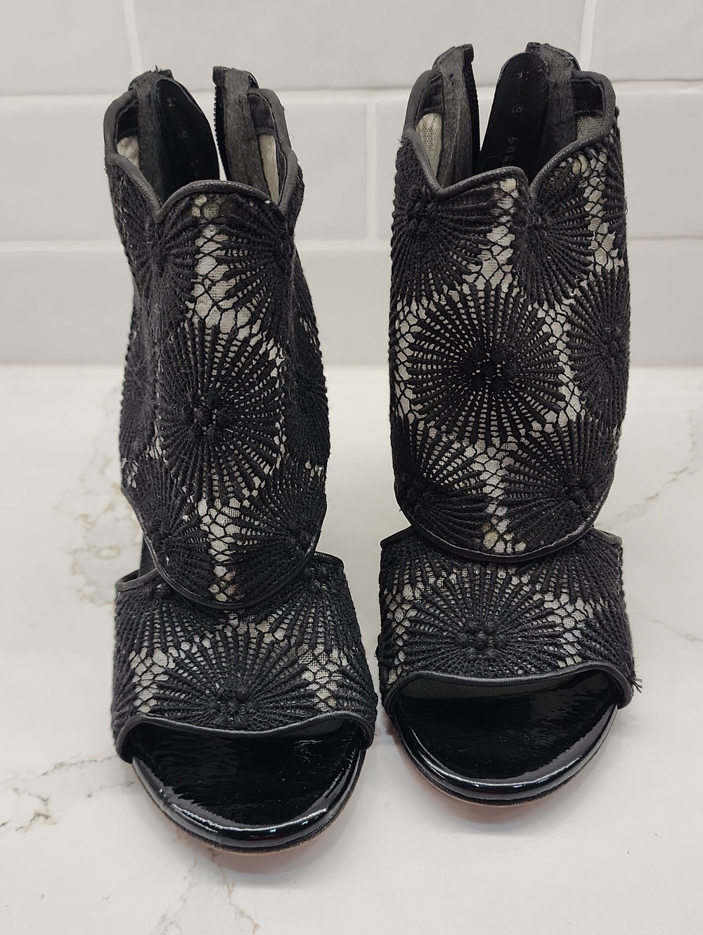 Stuart Weitzman Black Lace Open-Toe Ankle Booties